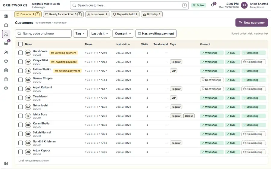 Salon OS customer list with consent chips